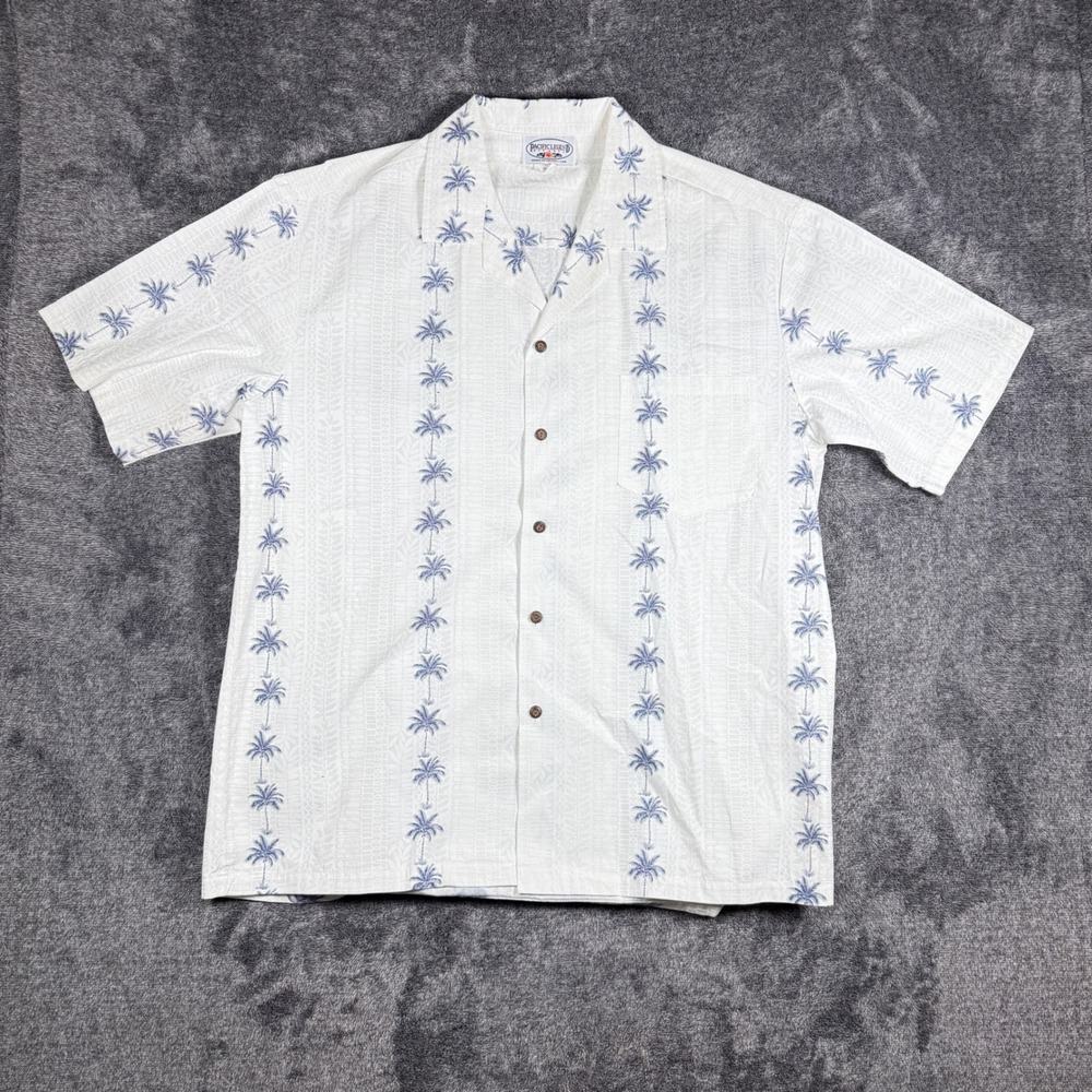 Pacific Legend Mens XL White Blue Palm Tree Embroidered Cotton Hawaiian Shirt